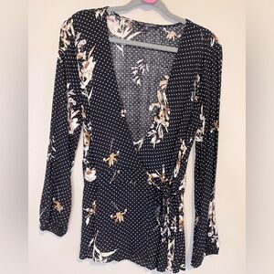 Floral Polka Dot Wrap Blouse Top- Black/Tan